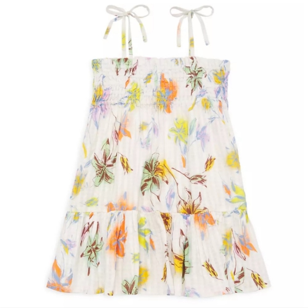 Tanya Taylor Mini Lina Dress Small Medium Multi Flowers on White Textured Cotton